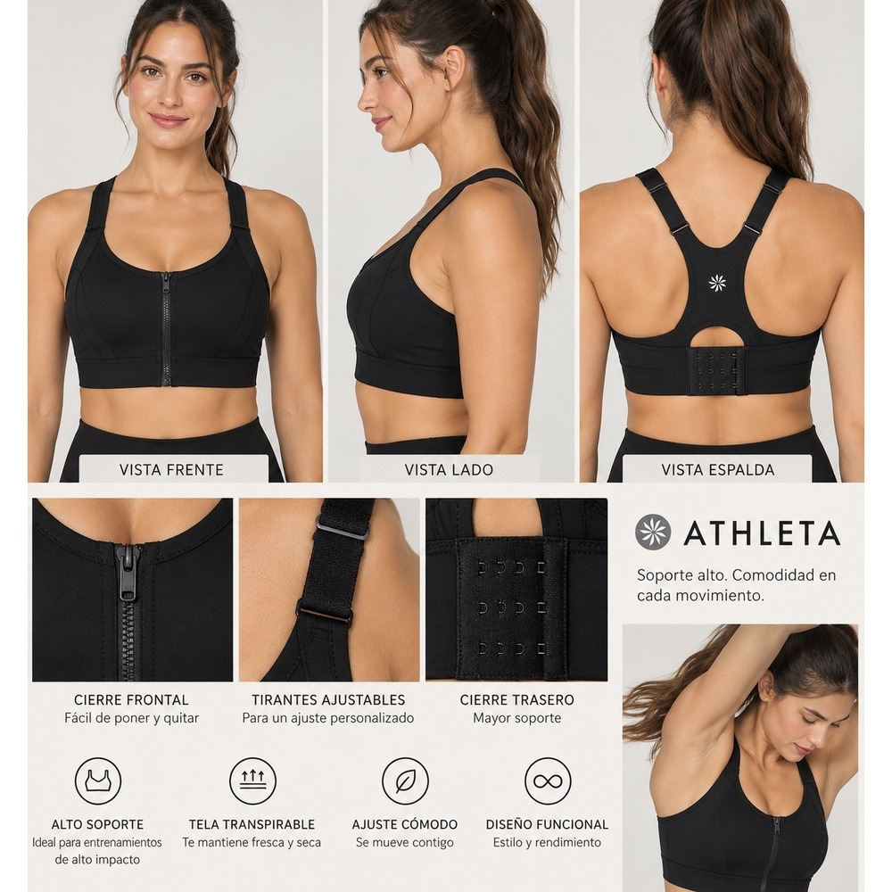 Athleta Empower II Train Bra Black High Support Front Zip Sports Bra Small